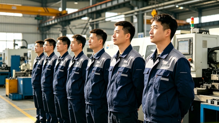 Building material machinery manufacturing team photo — technical engineers and workshop staff in uniform
