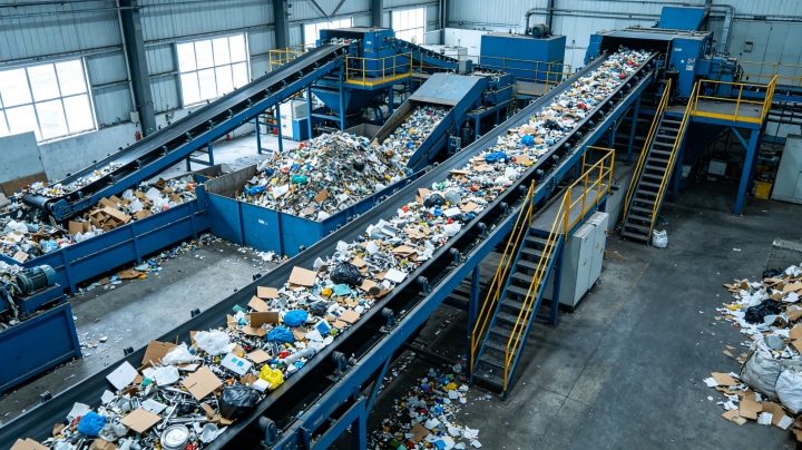 Heavy-duty custom conveyor system transporting mixed recyclable materials including scrap metal plastics and cardboard in a modern recycling plant