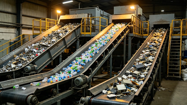 Custom incline belt conveyor handling diverse recyclable materials including scrap metal PET bottles and e-waste in a recycling facility