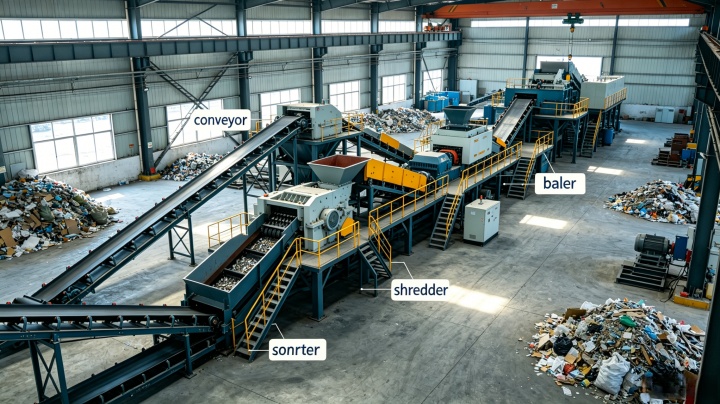 Complete recycling production line with conveyor system feeding shredder sorting equipment and baler for integrated scrap metal processing