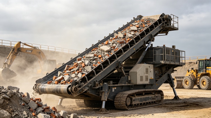 Heavy duty mobile belt conveyor transporting bulk aggregates at a mining site – portable design for flexible material handling