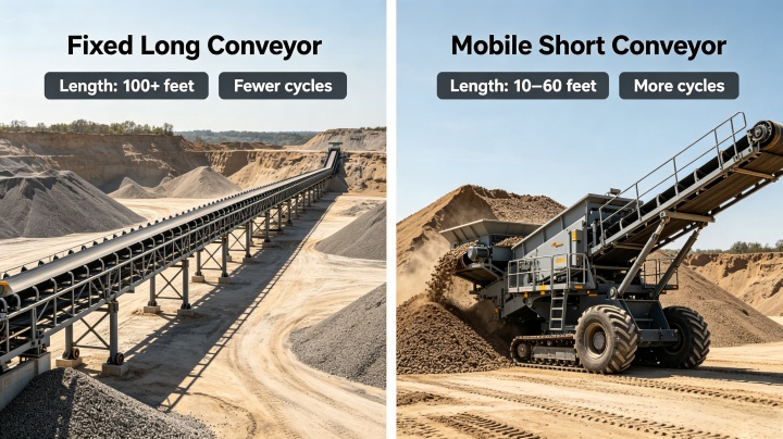 Side-by-side comparison of stationary vs. mobile conveyor belt systems – showing length and structural differences for bulk material handling