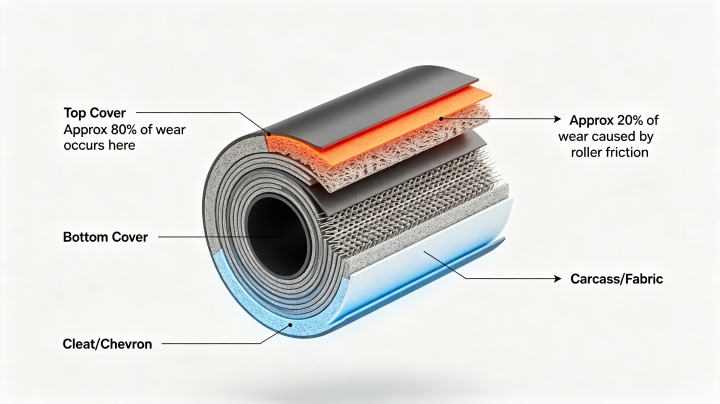 Cross-section diagram of heavy duty conveyor belt showing top cover, bottom cover, carcass, and cleat structure for mobile material handling applications