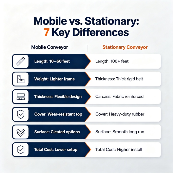 Infographic summarizing 7 key differences between mobile and stationary conveyor belts for heavy material handling – selection guide for buyers