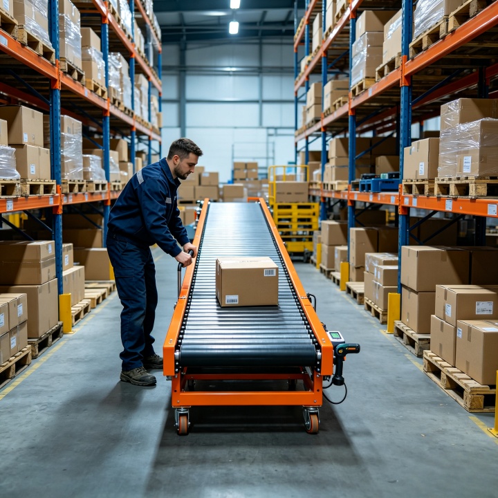 Mobile conveyor belt for light materials moving packages in warehouse