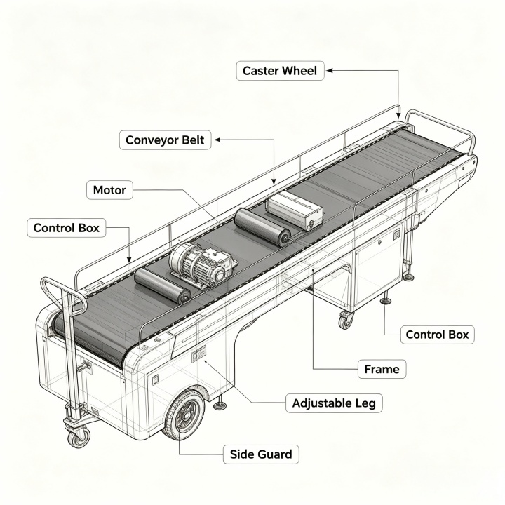 Key components of mobile conveyor belt for light materials including wheels and belt