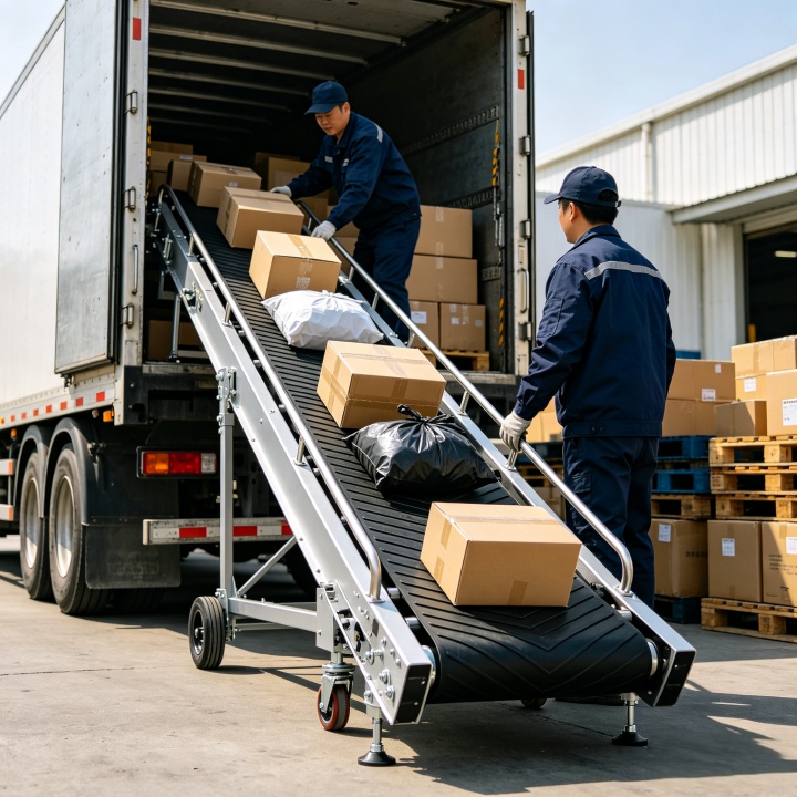 Inclined mobile conveyor belt for loading trucks with light materials