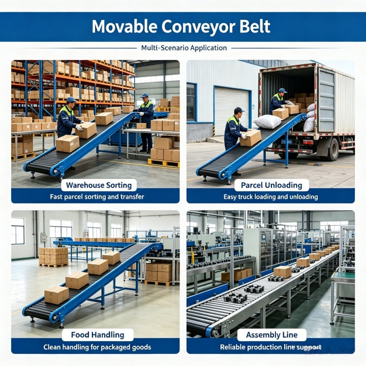 Mobile conveyor belt applications in warehousing, logistics, and food handling