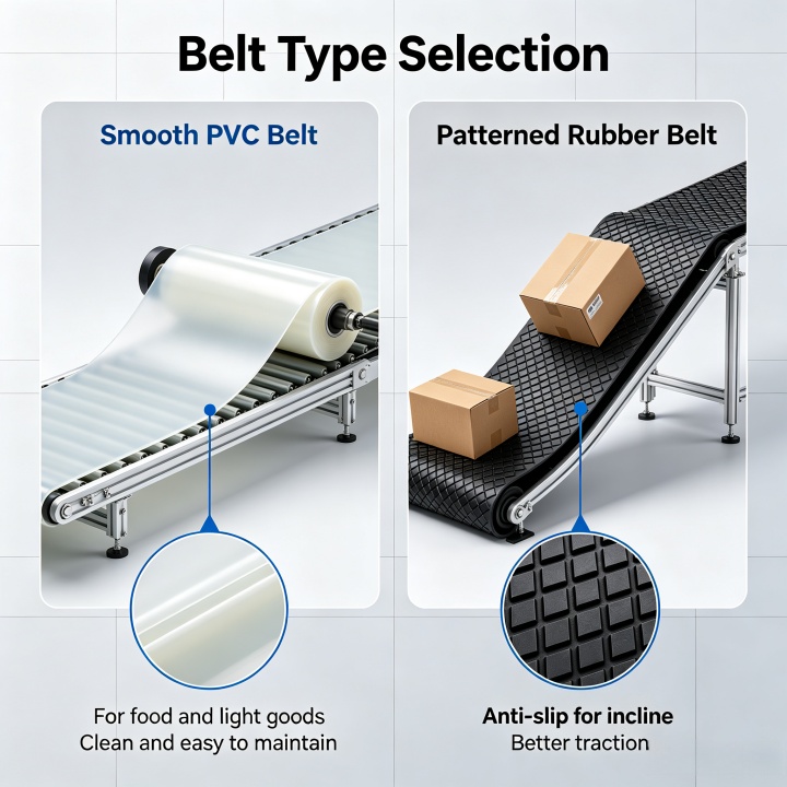 PVC belt vs rubber patterned belt for mobile conveyor light materials