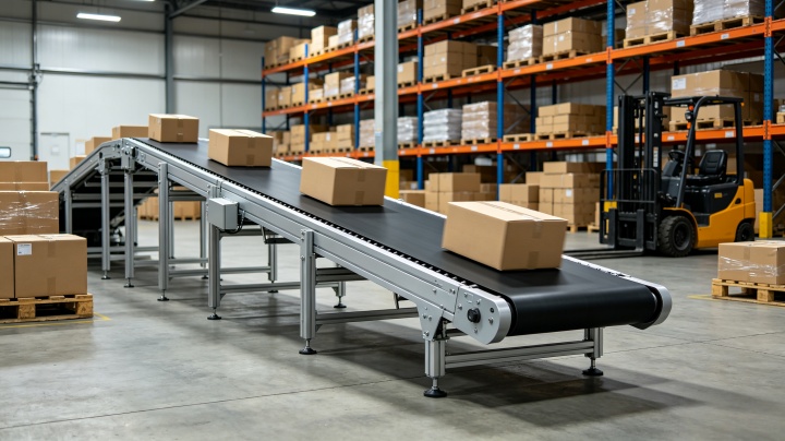 Foldable belt conveyor system transporting cardboard boxes in a warehouse facility