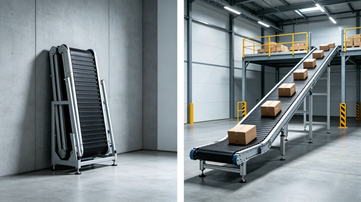 Folded and unfolded comparison of portable belt conveyor showing space-saving design