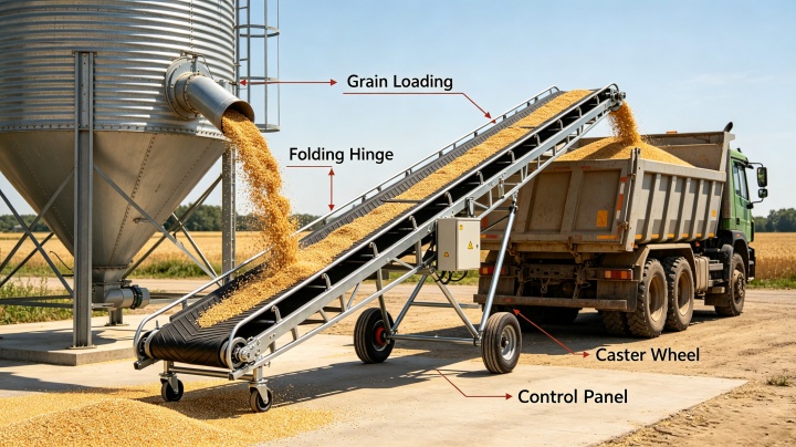 Agricultural foldable belt conveyor used for loading soybeans into storage silo