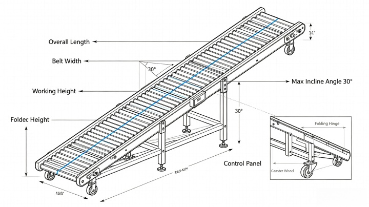 Technical drawing showing adjustable incline angle and dimensions of folding conveyor