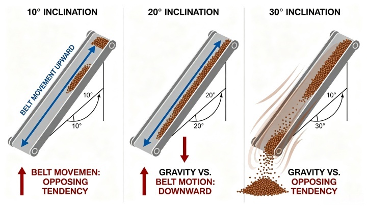 Material rollback on inclined belt conveyor due to gravity