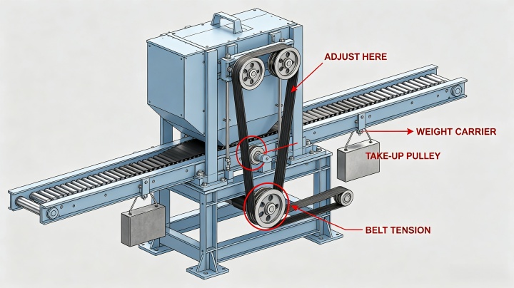 Belt take-up tension adjustment on inclined belt conveyor