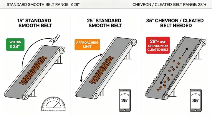 Belt inclination angle comparison for inclined belt conveyor