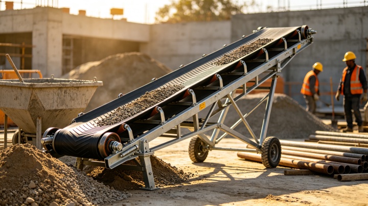 Portable belt conveyor moving bulk materials on a construction site