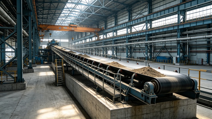 Fixed belt conveyor system installed on concrete foundation in an industrial facility