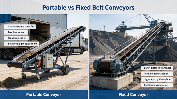 Comparison of portable belt conveyor short distance versus fixed belt conveyor long distance conveying capacity