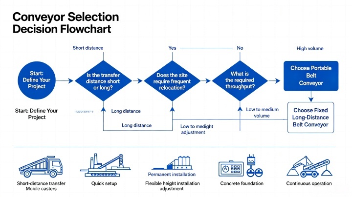 Flowchart helping users choose between portable belt conveyor and fixed belt conveyor based on project type