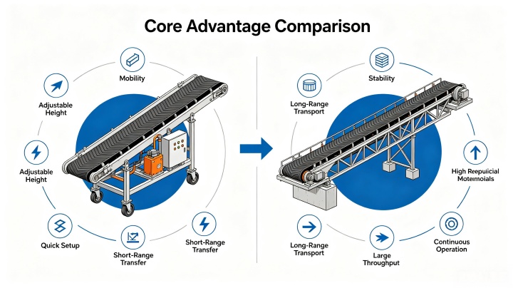 Portable belt conveyor parts diagram showing belt, drive motor, hydraulic lifting system, and wheels