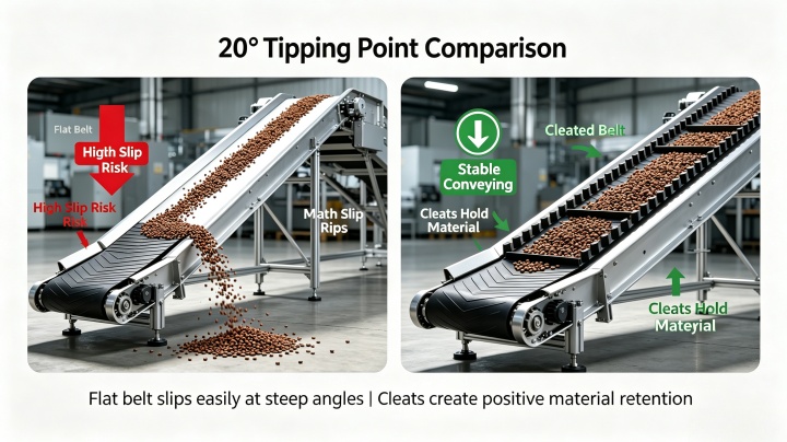 Flat belt vs cleated belt conveyor comparison at 20-degree incline tipping point — flat belt shows material sliding back while cleated belt retains all material