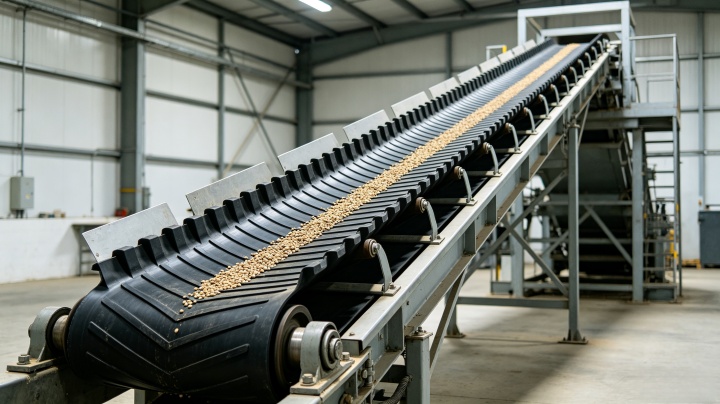 Custom cleated belt conveyor product detail showing raised cleats on belt surface for inclined material handling