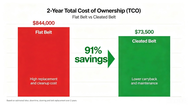Two-year total cost of ownership comparison — flat belt conveyor at $844,000 versus cleated belt conveyor at $73,500, showing 91% savings with cleated belt