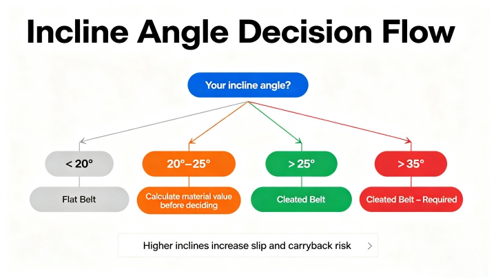 Decision flow chart for choosing between flat belt and cleated belt conveyor based on incline angle — under 20 degrees choose flat belt, over 25 degrees choose cleated belt