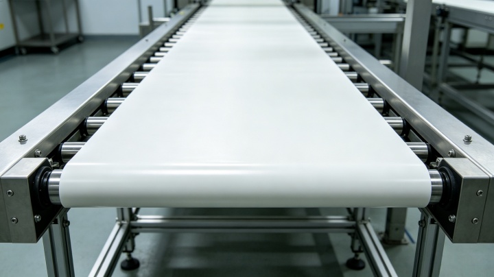 PVC conveyor belt running straight and centered on the conveyor frame during normal operation