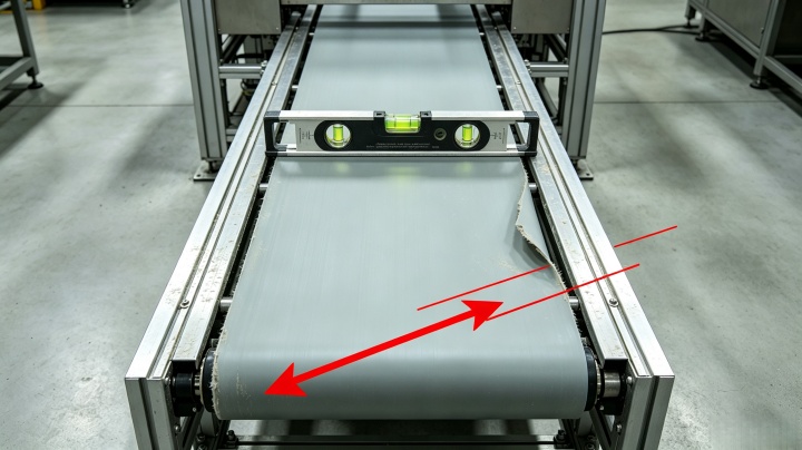 Using a spirit level to check if the conveyor frame is level and square to prevent belt misalignment