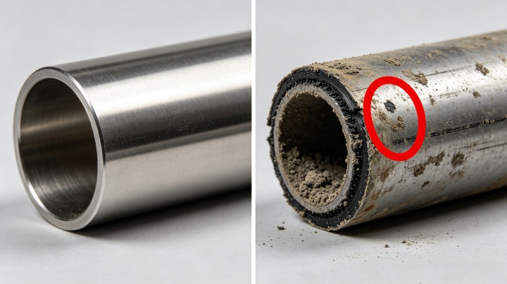 Comparison of a worn and dirty conveyor roller versus a new clean roller for PVC belt tracking
