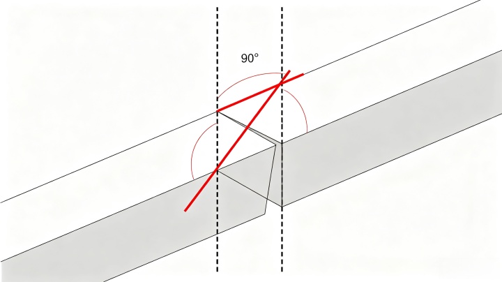 Crooked PVC conveyor belt splice showing the cut is not square, causing the belt to drift off-center