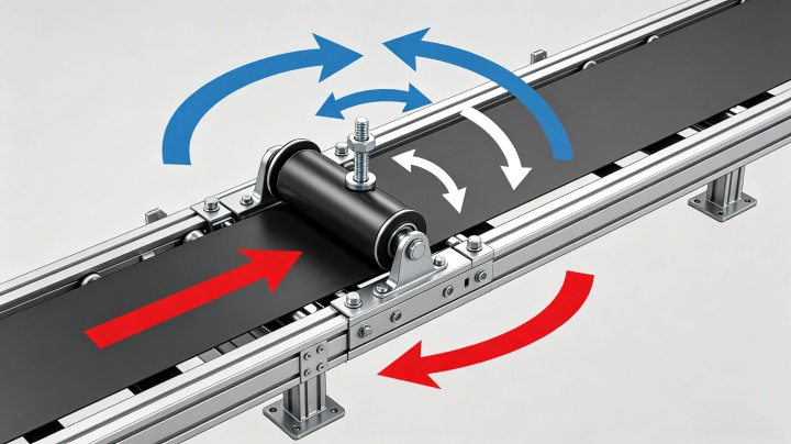 Adjusting the snub roller angle to correct PVC conveyor belt tracking - turn the adjustment bolt in the indicated direction