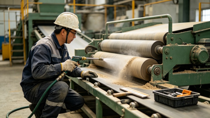 Maintenance technician performing routine inspection and cleaning on a PVC conveyor belt system
