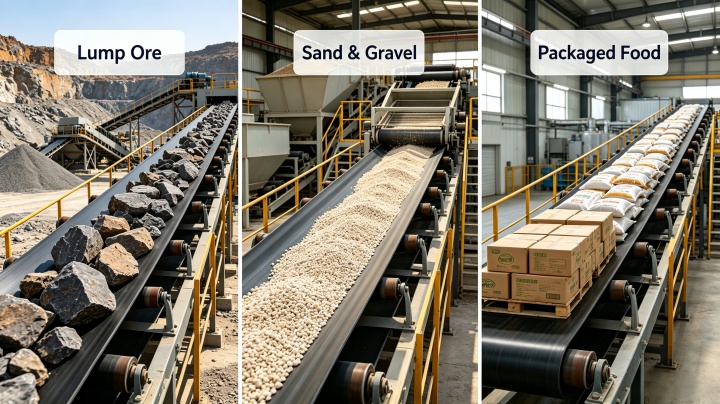 Rubber conveyor belt handling different materials like aggregate and packaged goods