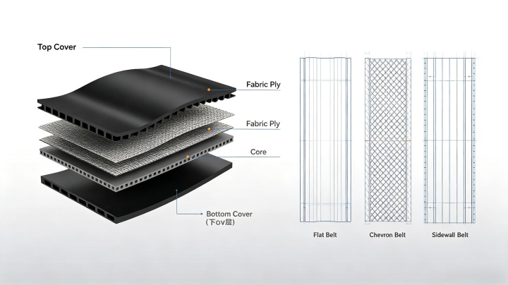 Cross-section diagram showing rubber conveyor belt construction and plies