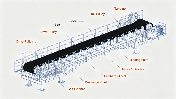 Schematic layout of a belt conveyor system showing key components