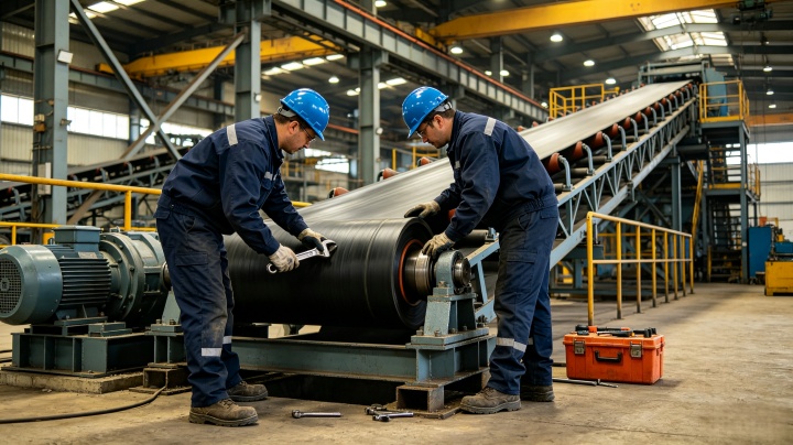 Technician performing maintenance on a rubber belt conveyor system