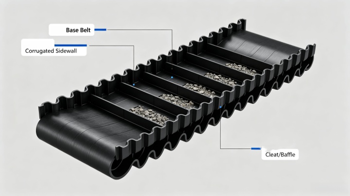 Sidewall belt conveyor structure diagram - base belt, corrugated sidewall and cleats