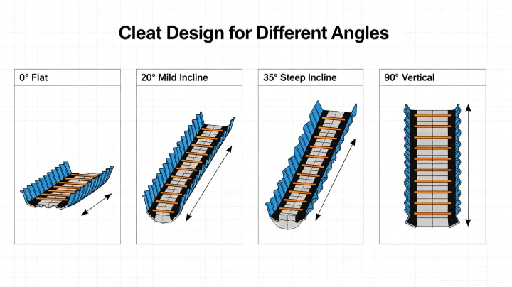 Sidewall belt conveyor cleat types - T type C type TC type for different incline angles