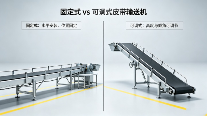 Adjustable belt conveyor vs fixed conveyor side by side comparison showing height adjustment and mobility differences