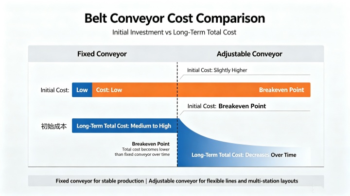 Cost comparison chart adjustable belt conveyor vs fixed conveyor showing initial CAPEX and long-term total cost of ownership