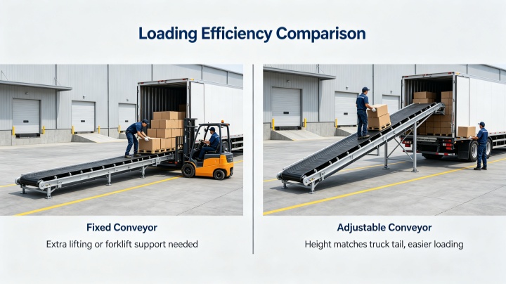 Adjustable belt conveyor loading trucks at warehouse dock with height adjustment feature reducing manual labor