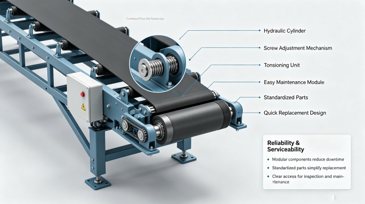 Adjustable belt conveyor hydraulic lifting mechanism and control box detail for easy maintenance and spare parts replacement