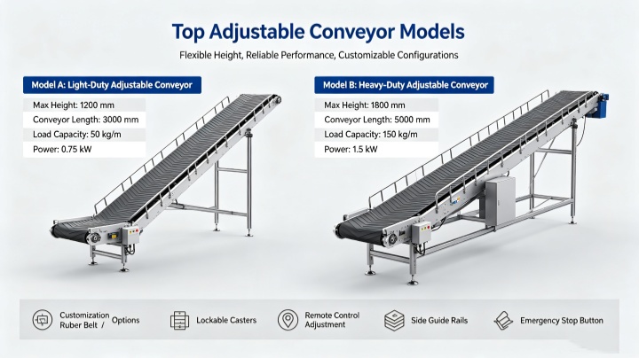 Decision flowchart for choosing adjustable belt conveyor vs fixed conveyor based on layout changes and loading height requirements