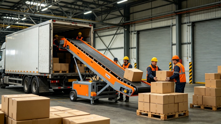 Truck loading conveyor in operation at warehouse dock extension