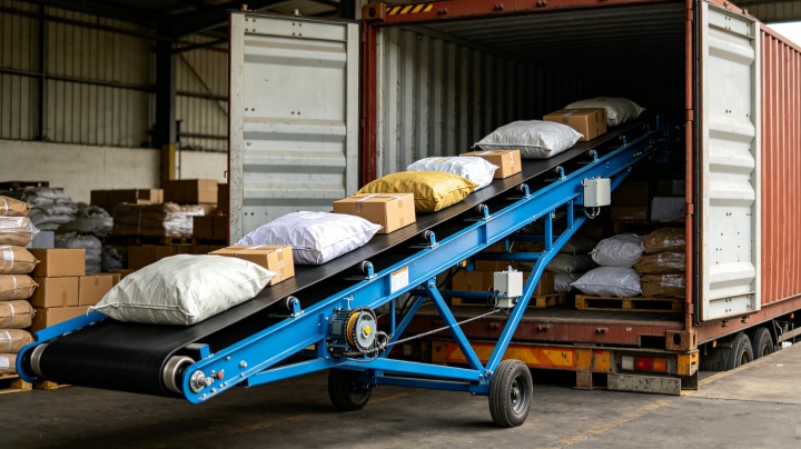 Telescopic belt conveyor loading polybags and soft e-commerce parcels into truck trailer
