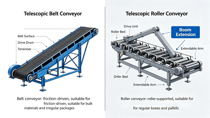 Telescopic belt conveyor vs telescopic roller conveyor side by side comparison for warehouse loading dock