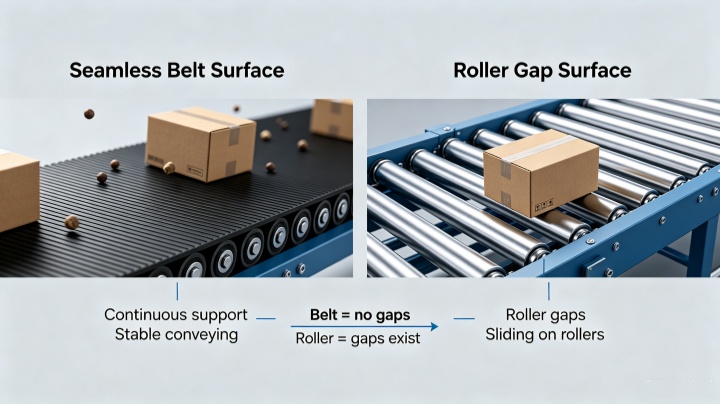 Close-up comparison of continuous belt surface vs roller gaps for different cargo types